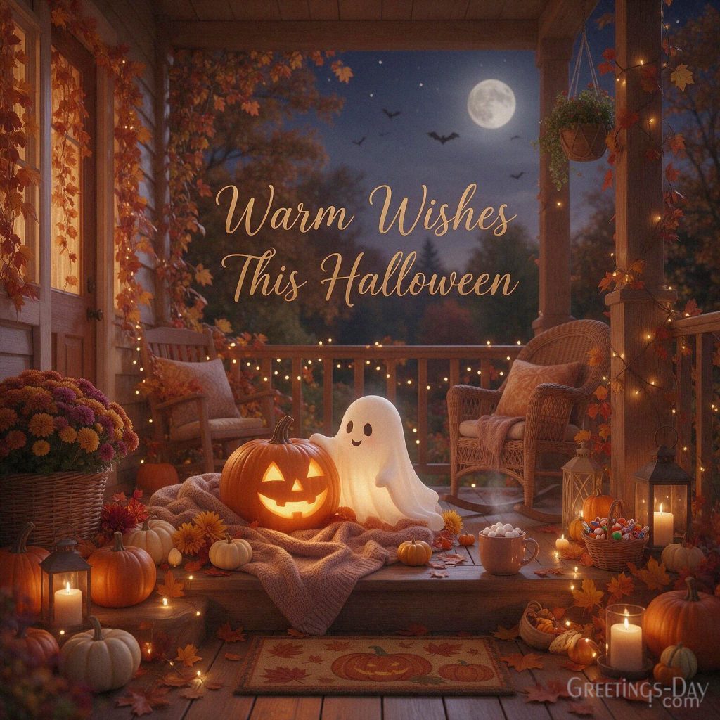 Cozy cute Halloween card with a friendly ghost