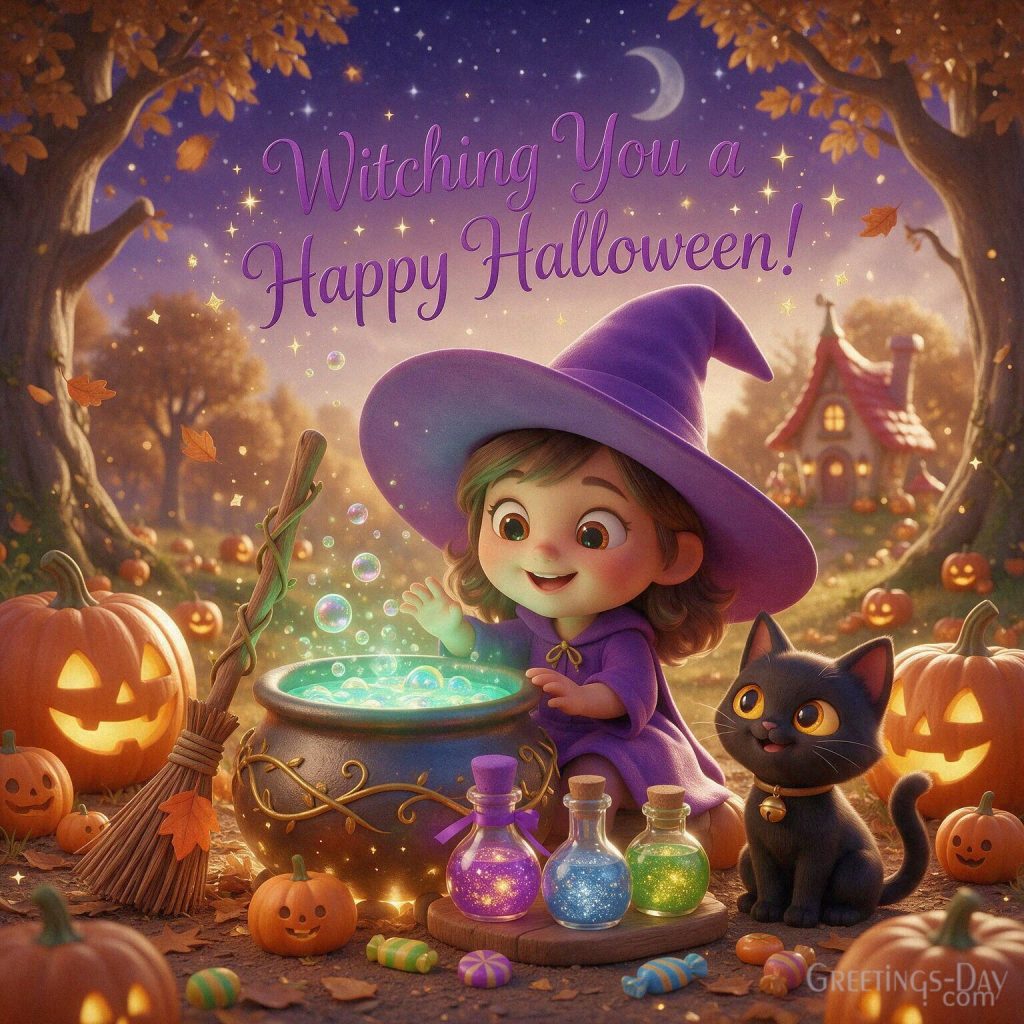 Cute witch Halloween card with an adorable little witch