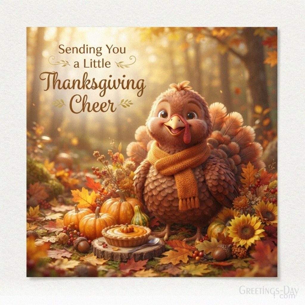 Cute Thanksgiving greeting card with a cheerful turkey and pumpkins featuring “Sending You a Little Thanksgiving Cheer” with the text