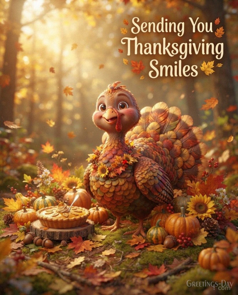 Cute Thanksgiving image with a cheerful turkey and autumn pumpkins featuring “Sending You Thanksgiving Smiles” with the text 