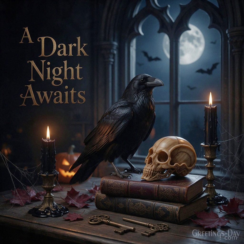 A Dark Night Awaits gothic Halloween card with black raven