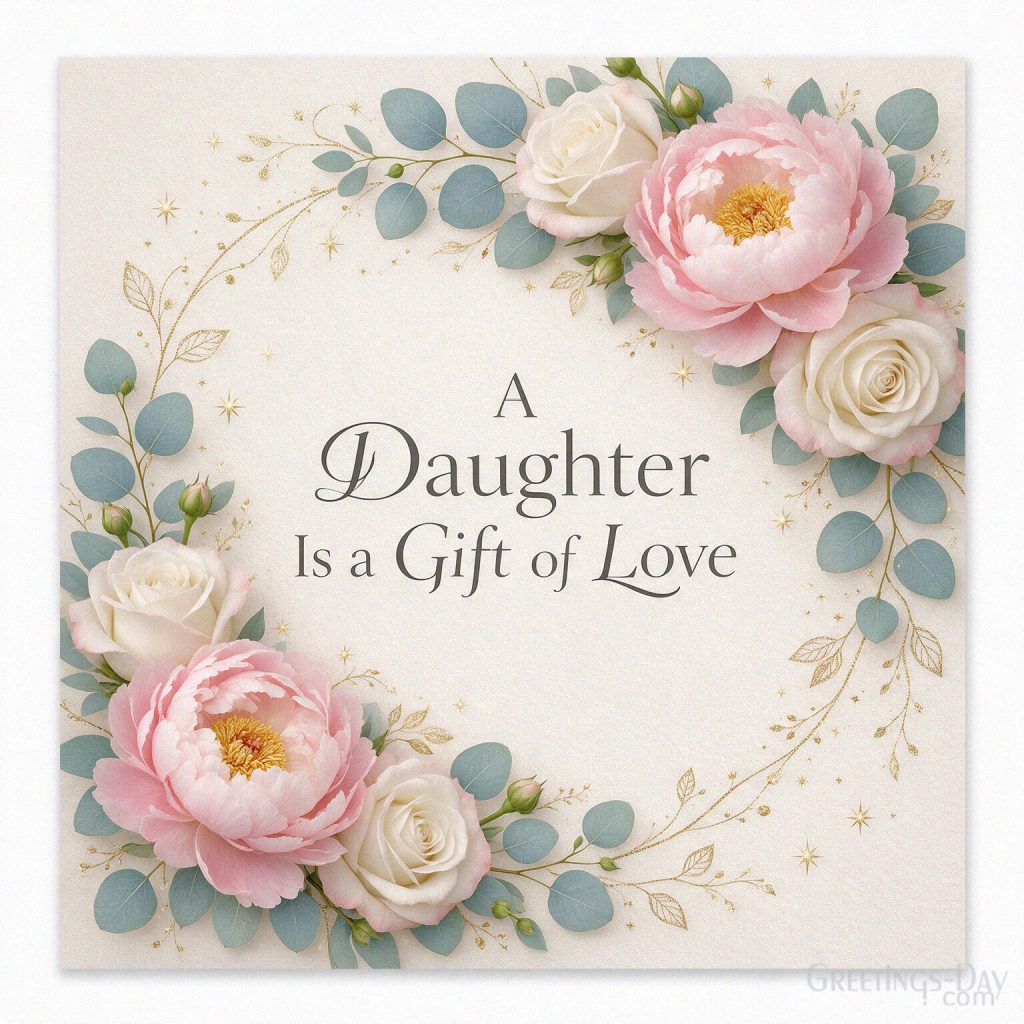 Sentimental National Daughters Day card with elegant roses and the words “A Daughter Is a Gift of Love.” with the text 