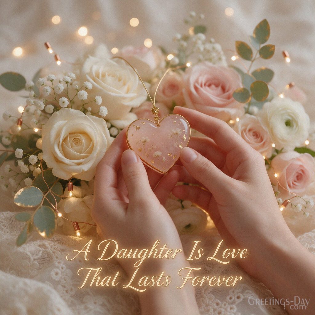 Sentimental daughter love card with hands holding a heart and the words “A Daughter Is Love That Lasts Forever.” with the text
