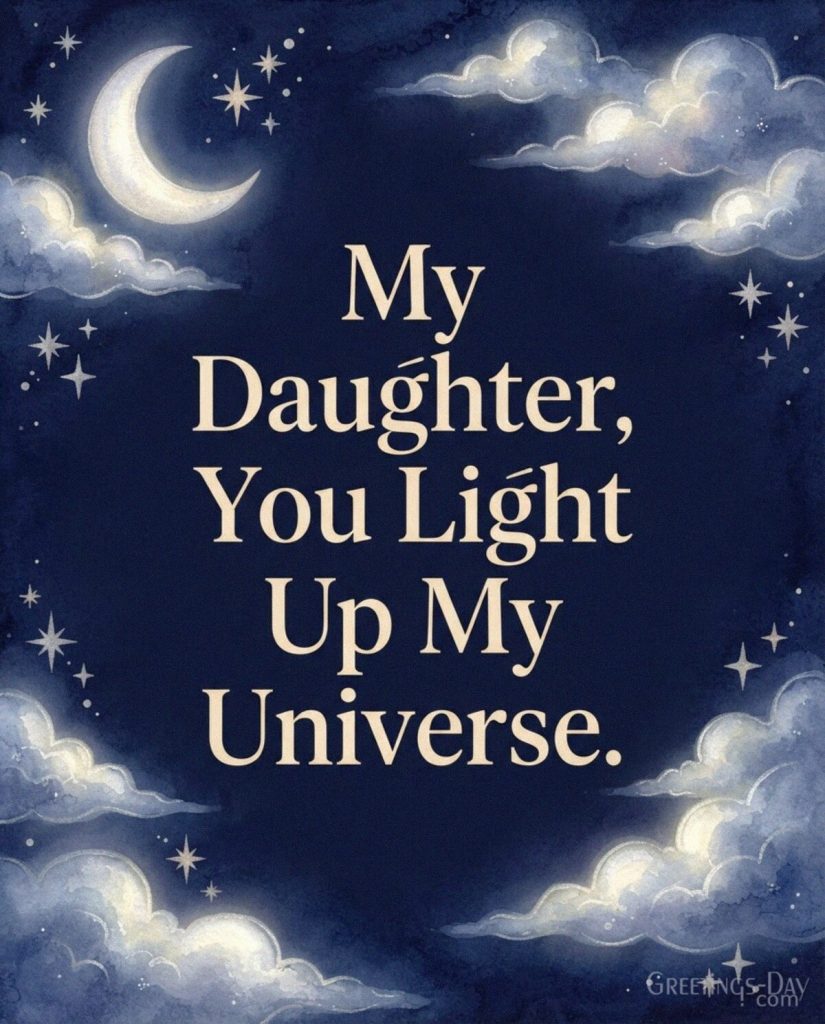 Celestial daughter greeting with a glowing moon and watercolor clouds reading “My Daughter