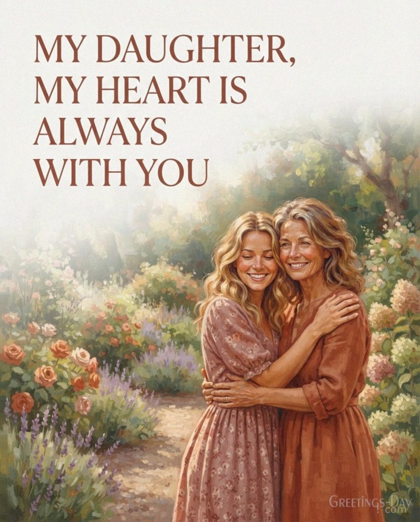 Mother and daughter garden illustration with the loving message “My Daughter