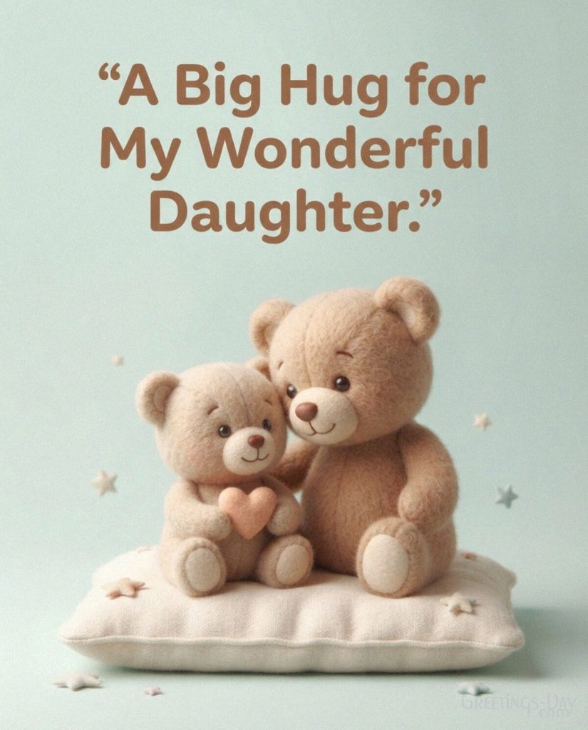 Sweet daughter greeting with a large teddy bear leaning toward a smaller bear and “A Big Hug for My Wonderful Daughter.” with the text 