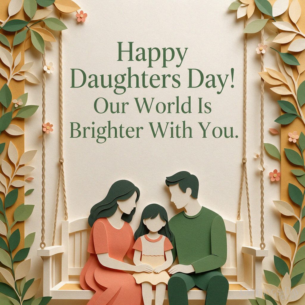 National Daughters Day image of parents and their daughter on a porch swing with “Happy Daughters Day! Our World Is Brighter With You.” with the text 