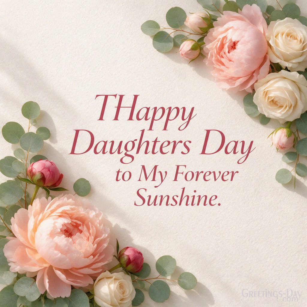 Happy Daughters Day image with pink flowers and ivory roses reading “Happy Daughters Day to My Forever Sunshine.” with the text 