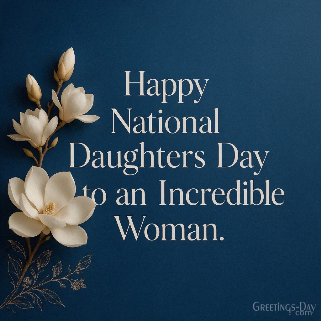 Elegant National Daughters Day image with a cream magnolia on navy reading “Happy National Daughters Day to an Incredible Woman.” with the text 