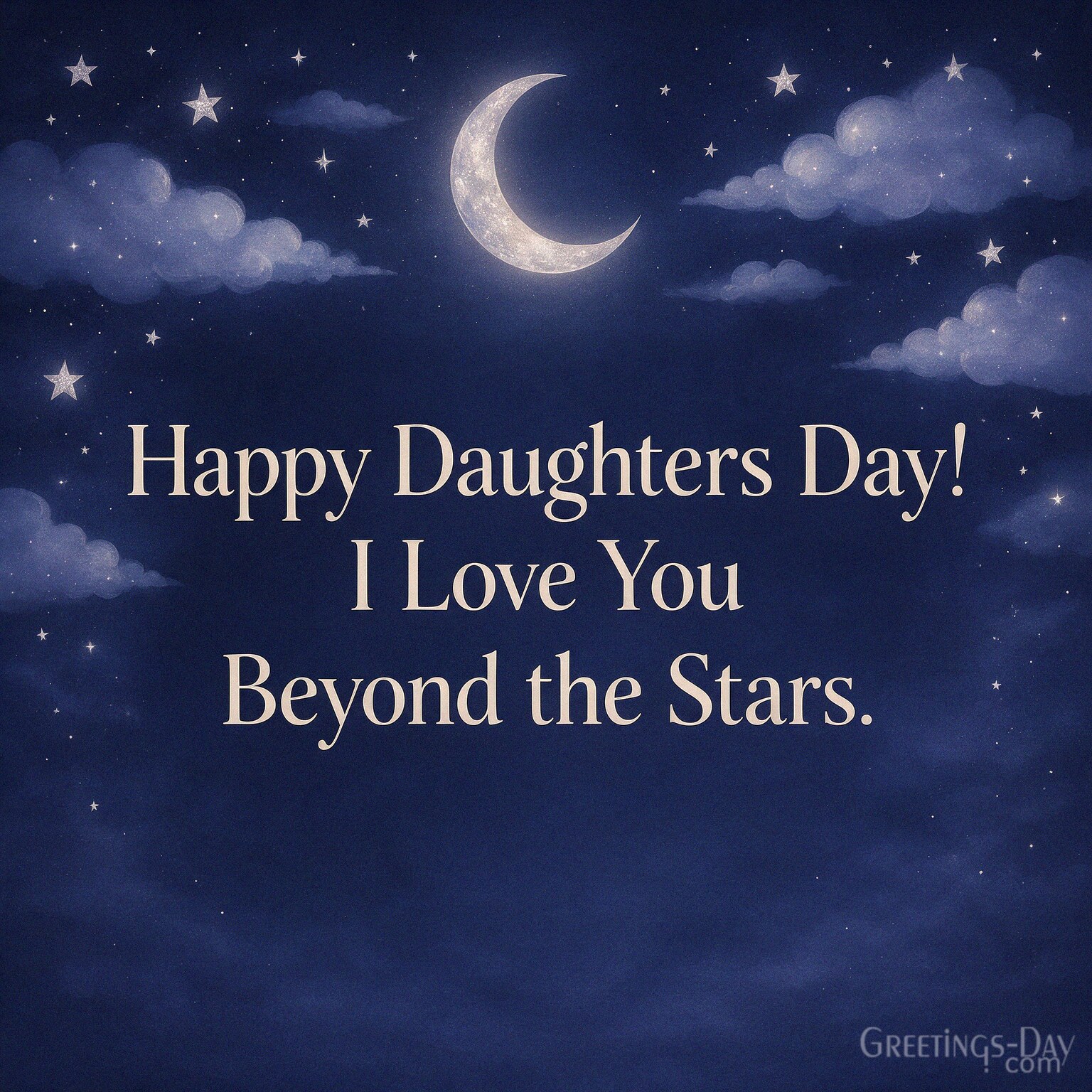 Heartfelt Daughters Day image with a crescent moon and stars reading “Happy Daughters Day! I Love You Beyond the Stars.” with the text "Happy Daughters Day! I Love You Beyond the S