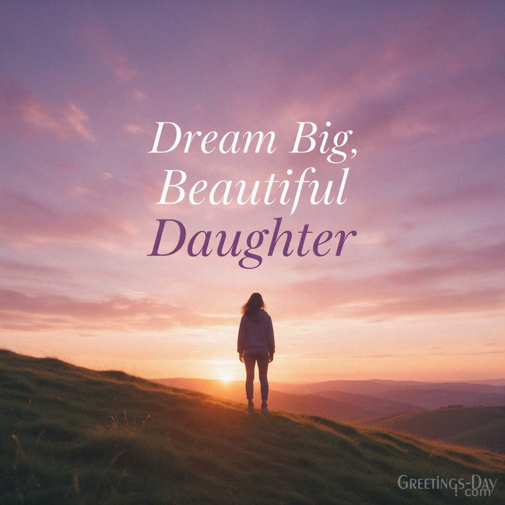 Inspirational daughter card showing a confident young woman at sunrise with the message “Dream Big