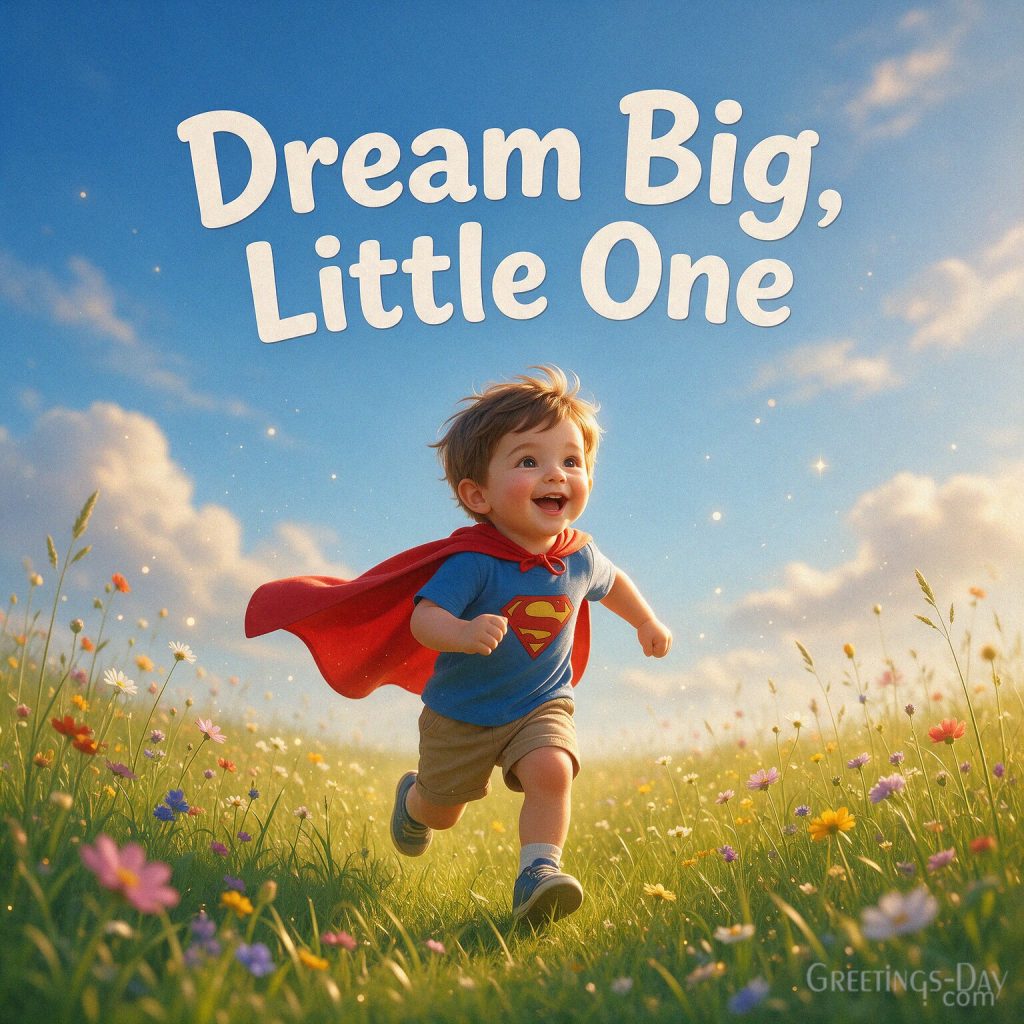 Inspirational National Sons Day picture of a young boy in a superhero cape with the words Dream Big
