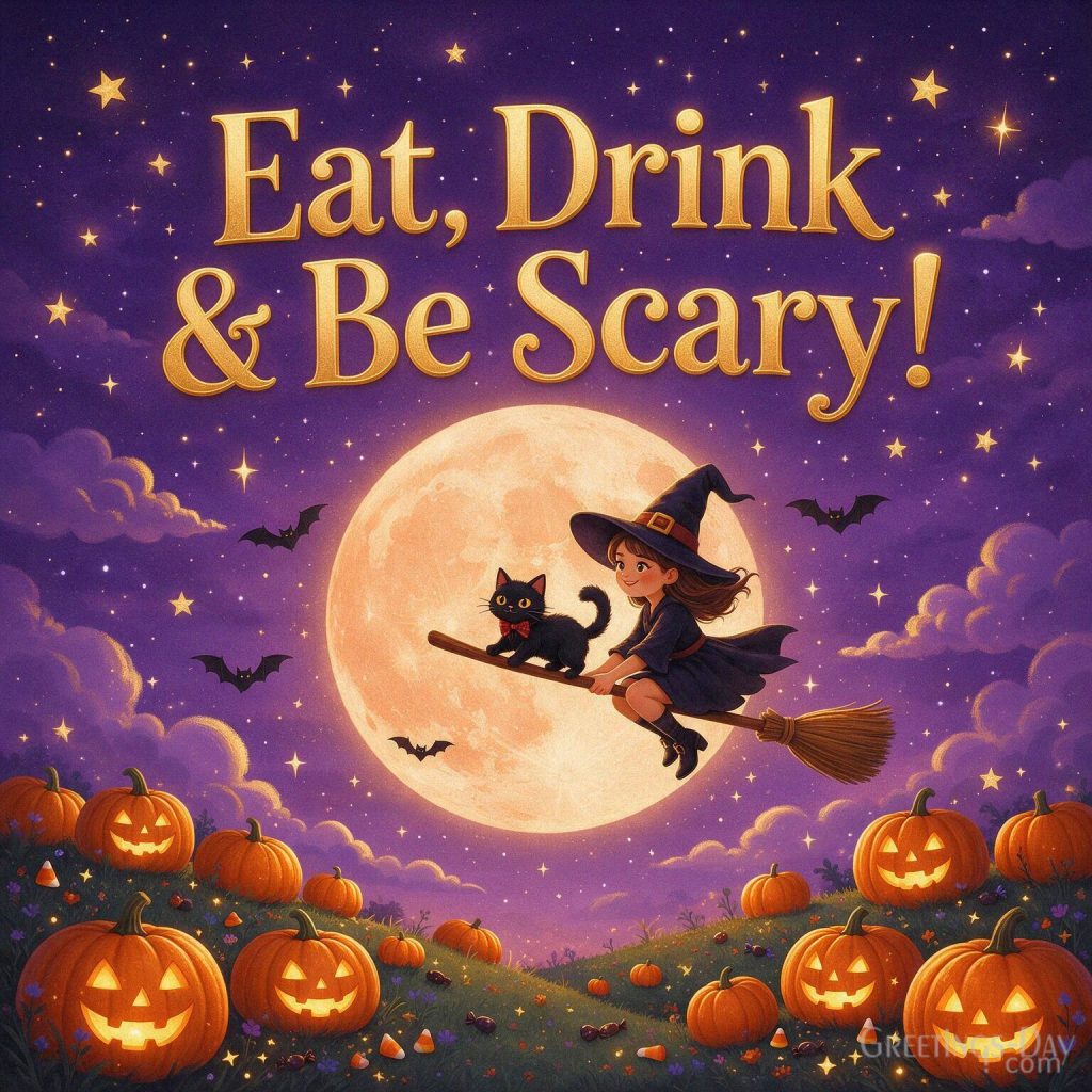 Funny Eat Drink and Be Scary Halloween greeting with flying witch
