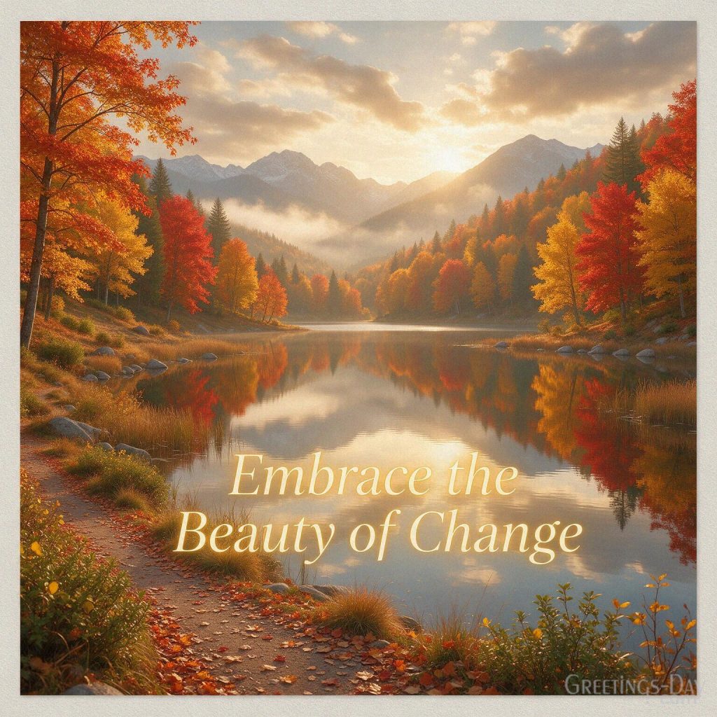 Inspirational fall card with a peaceful mountain lake and golden trees featuring “Embrace the Beauty of Change” with the text 
