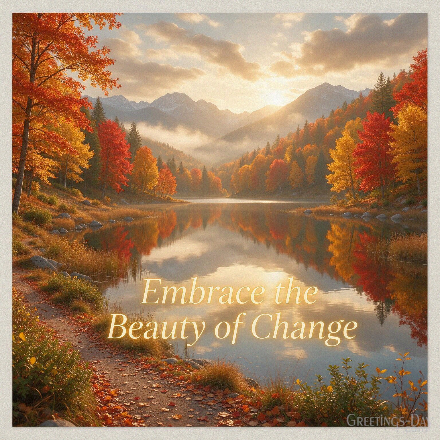 Inspirational fall card with a peaceful mountain lake and golden trees featuring “Embrace the Beauty of Change” with the text "Embrace the Beauty of Change"