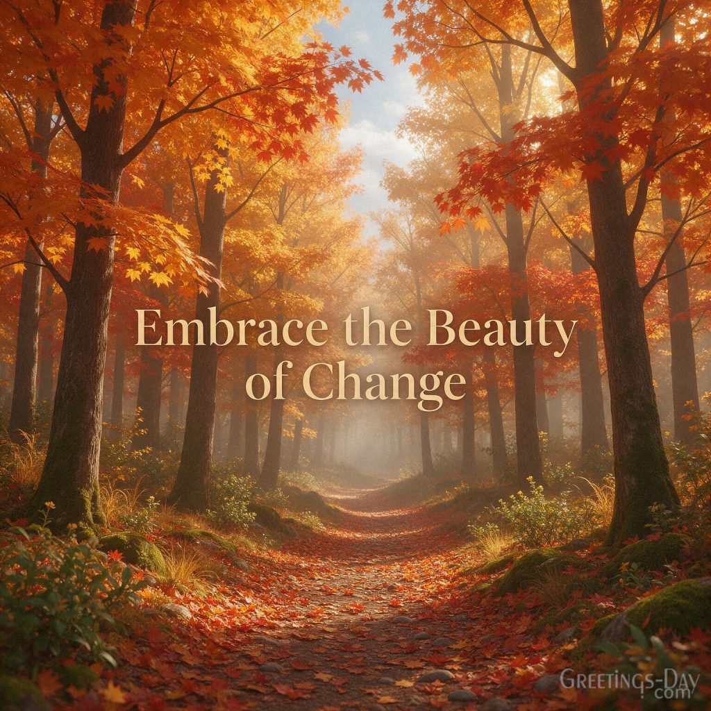 Inspirational Fall Quote with golden maple forest and autumn path featuring “Embrace the Beauty of Change” with the text
