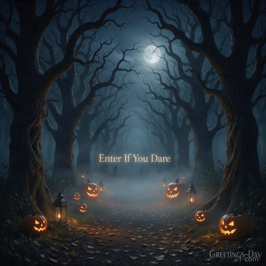 Enter If You Dare scary Halloween image with creepy foggy forest