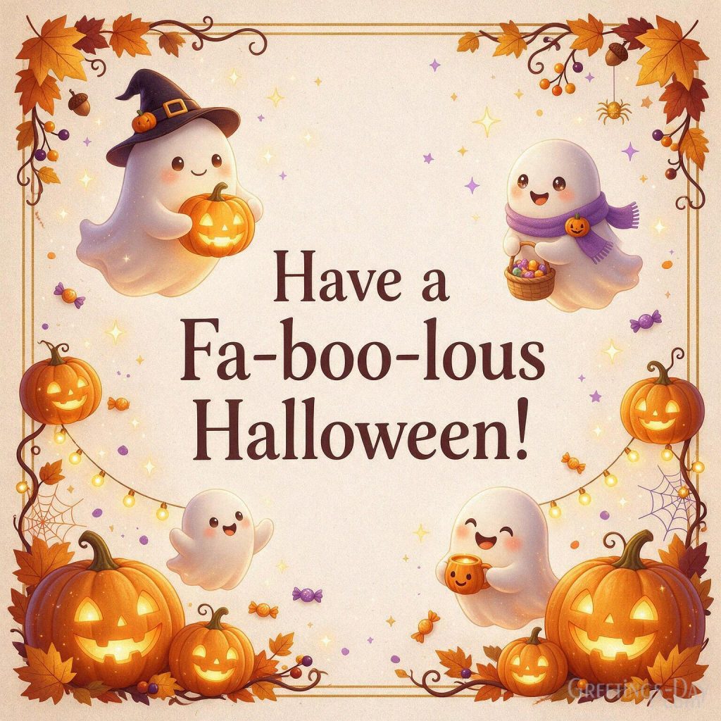 Fa-boo-lous Halloween greeting card with cute ghosts