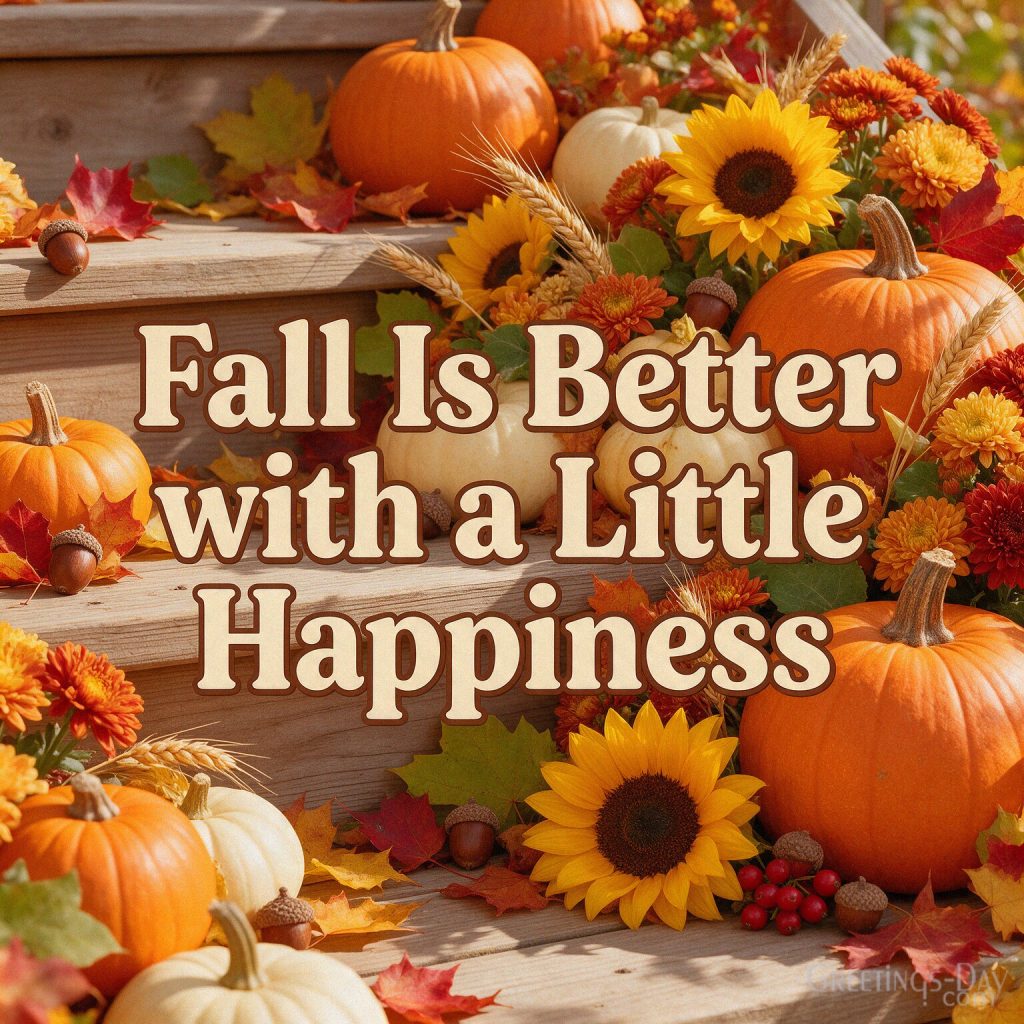 Happy autumn quote with pumpkins and colorful fall flowers featuring “Fall Is Better with a Little Happiness” with the text 