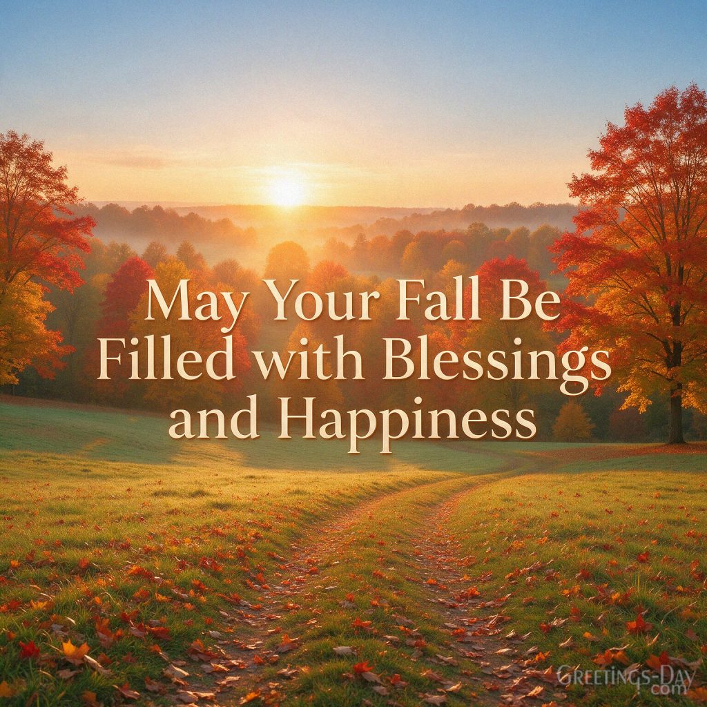 Fall blessings image with peaceful autumn sunrise featuring “May Your Fall Be Filled with Blessings and Happiness” with the text