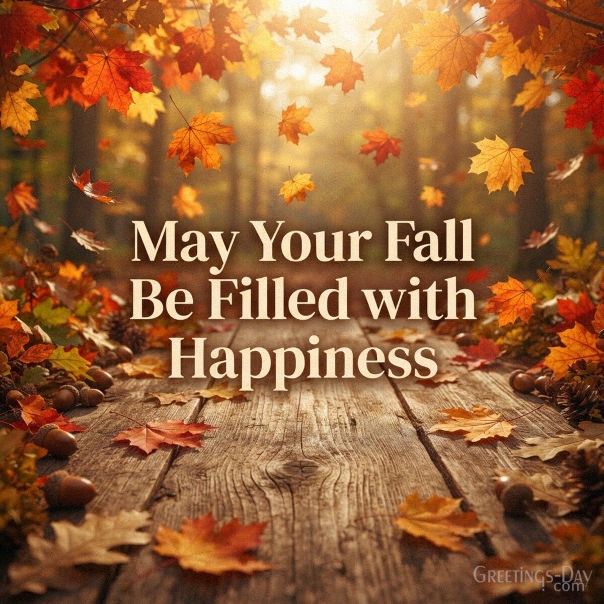 Happy Fall greeting card with golden leaves featuring “May Your Fall Be Filled with Happiness” with the text "May Your Fall Be Filled with Happiness"