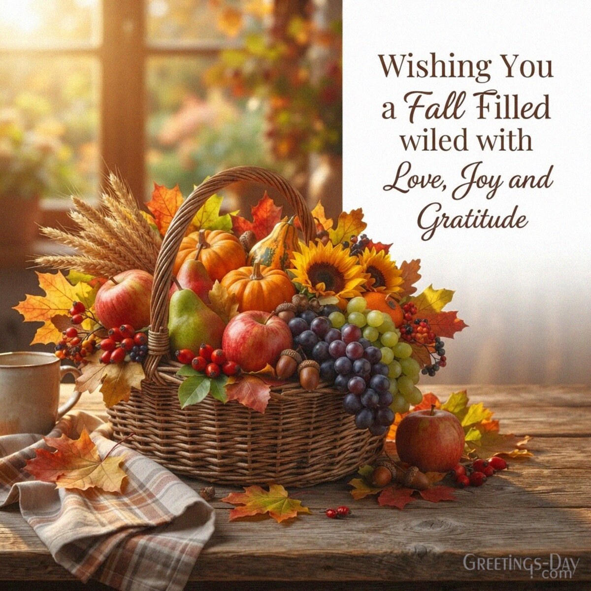 Fall blessings card with pumpkins and harvest colors featuring “Wishing You a Fall Filled with Love