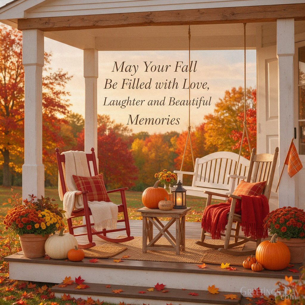 First Day of Fall message with beautiful autumn porch featuring “May Your Fall Be Filled with Love