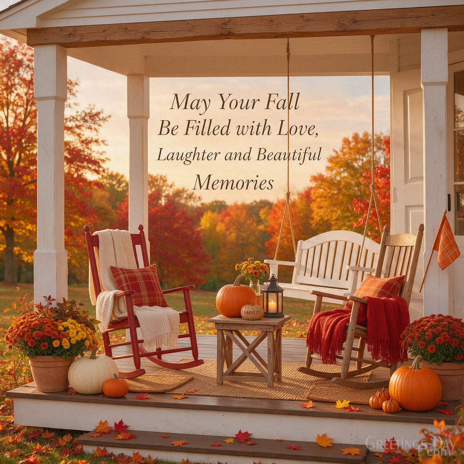 First Day of Fall message with beautiful autumn porch featuring “May Your Fall Be Filled with Love