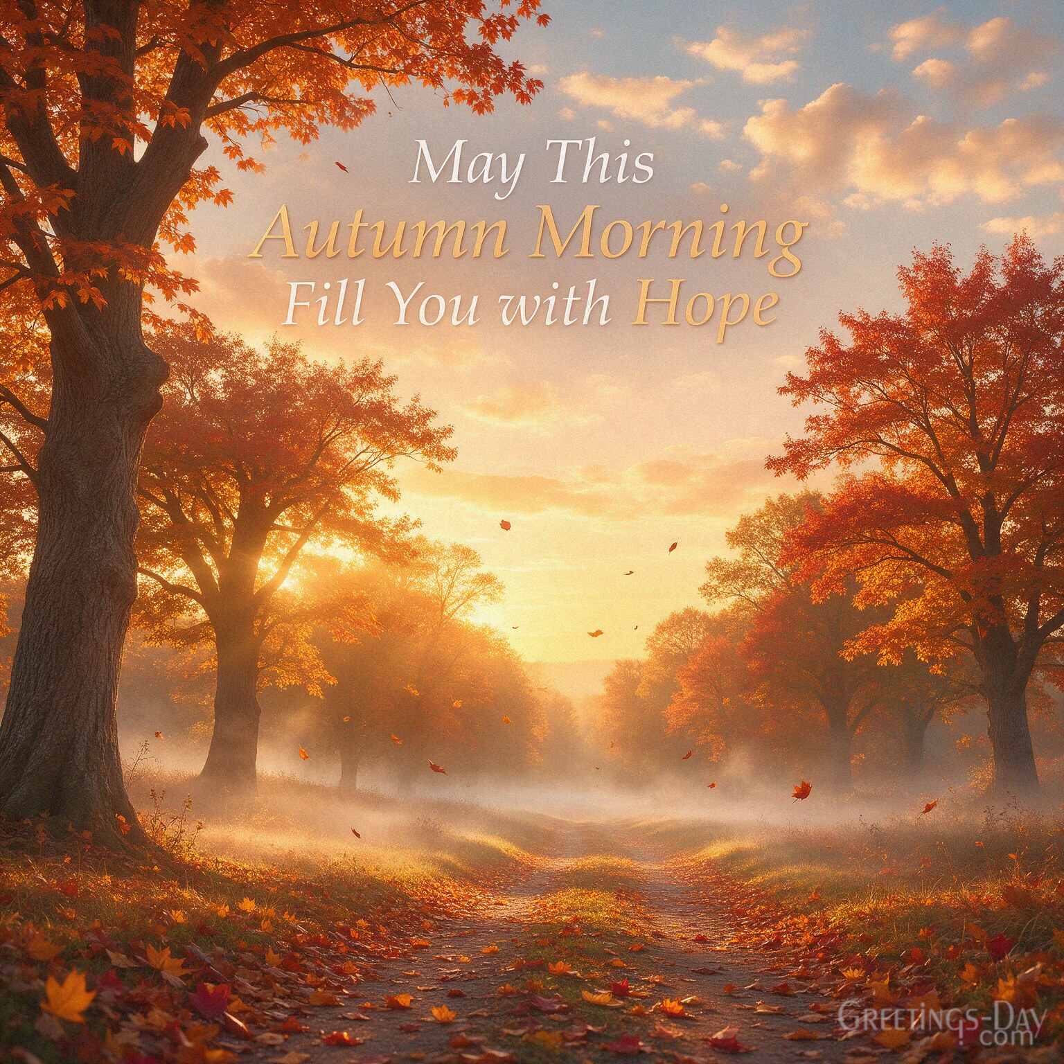Fall morning greeting with colorful autumn landscape featuring “May Your Morning Be Filled with Fall Sunshine” with the text "May Your Morning Be Filled with Fall Sunshine"