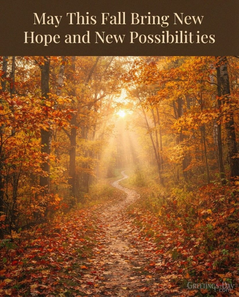 Inspirational fall message with colorful autumn path featuring “May This Fall Bring New Hope and New Possibilities” with the text