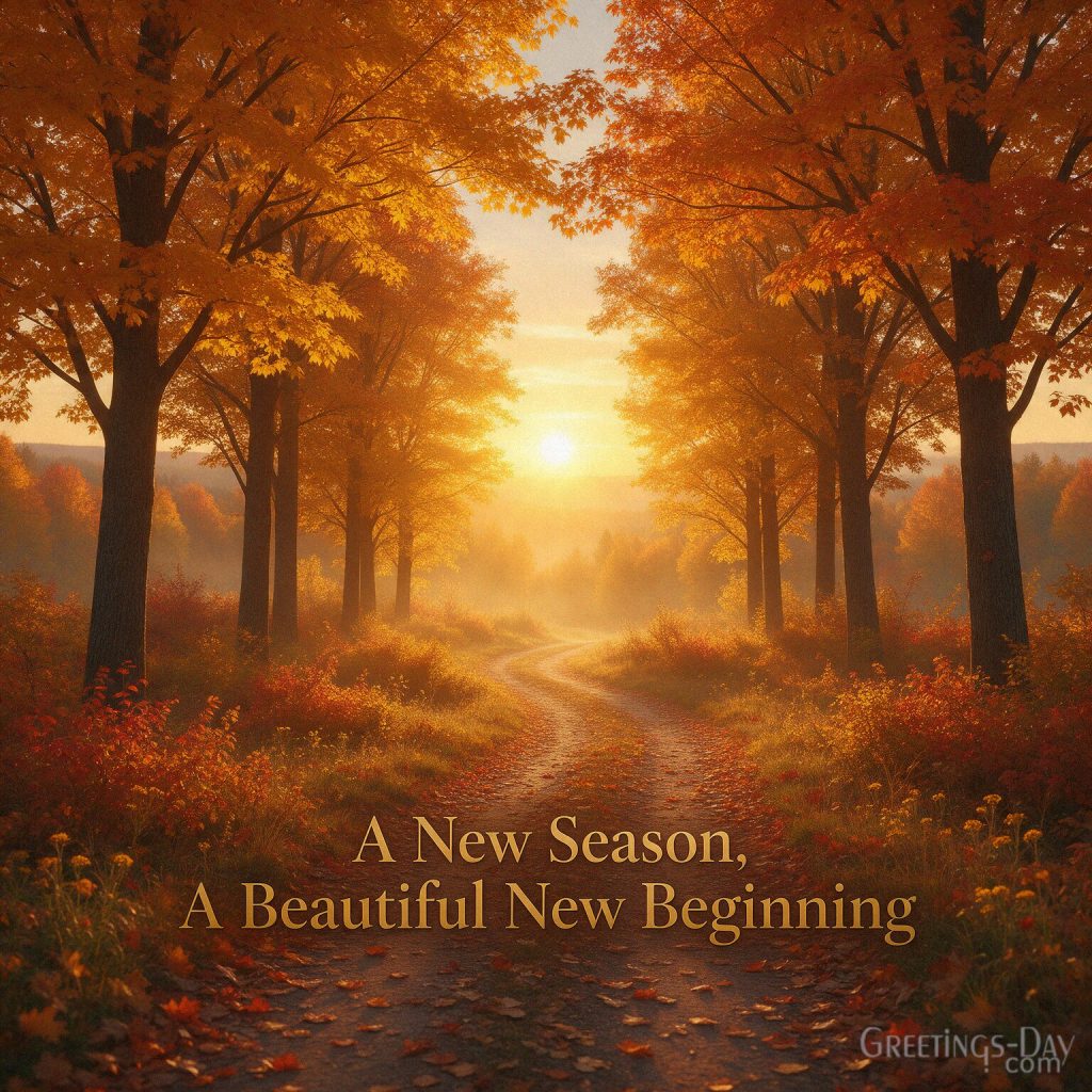 Inspirational First Day of Fall image with golden autumn path and sunrise featuring “A New Season