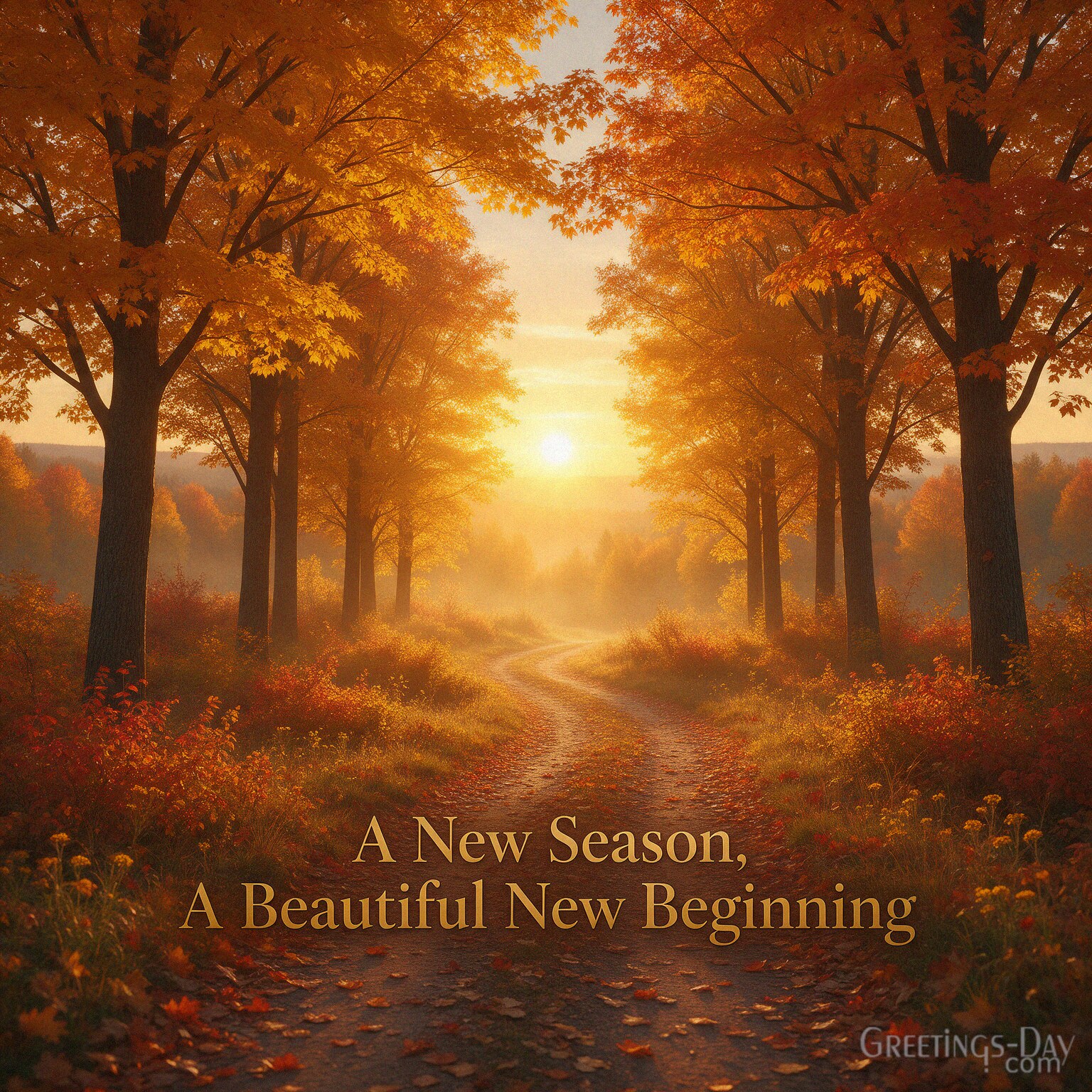 Inspirational First Day of Fall image with golden autumn path and sunrise featuring “A New Season