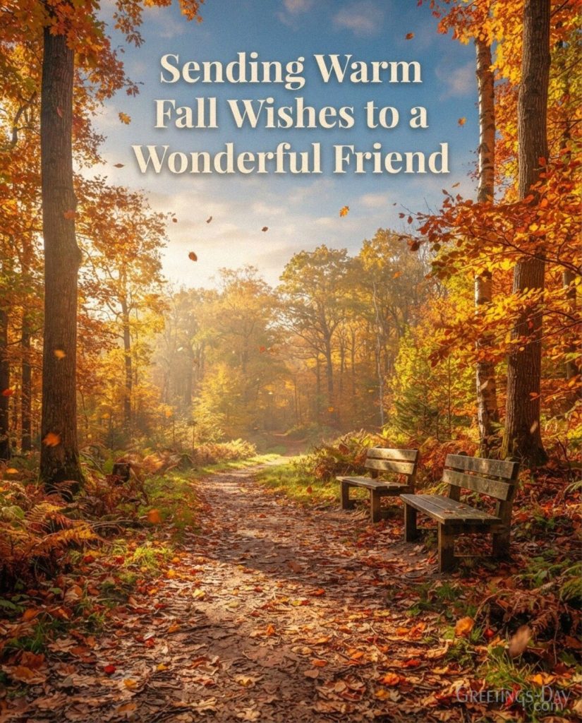 Fall card for a friend with golden autumn leaves featuring “Sending Warm Fall Wishes to a Wonderful Friend” with the text 