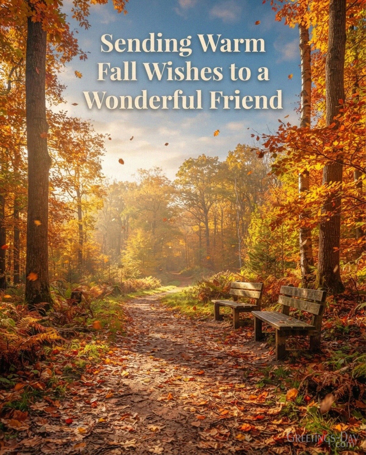 Fall card for a friend with golden autumn leaves featuring “Sending Warm Fall Wishes to a Wonderful Friend” with the text "Sending Warm Fall Wishes to a Wonderful Friend"