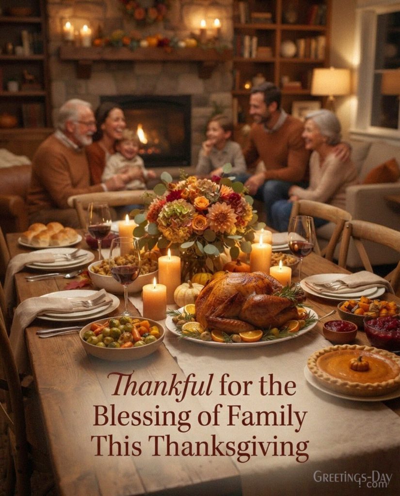 Family Thanksgiving blessing with a warm festive gathering featuring “Thankful for the Blessing of Family This Thanksgiving” with the text