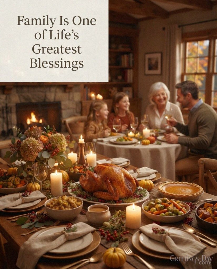 Family Thanksgiving message with a warm gathering and festive table featuring “Family Is One of Life’s Greatest Blessings” with the text 