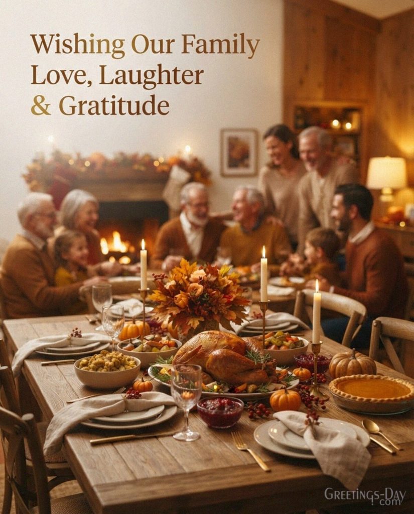 Family Thanksgiving wishes with a festive dinner gathering featuring “Wishing Our Family Love