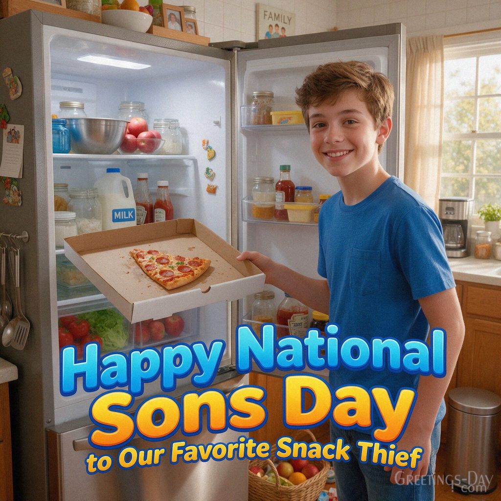 Funny National Sons Day kitchen card with an empty refrigerator and the words Happy National Sons Day to Our Favorite Snack Thief with the text 