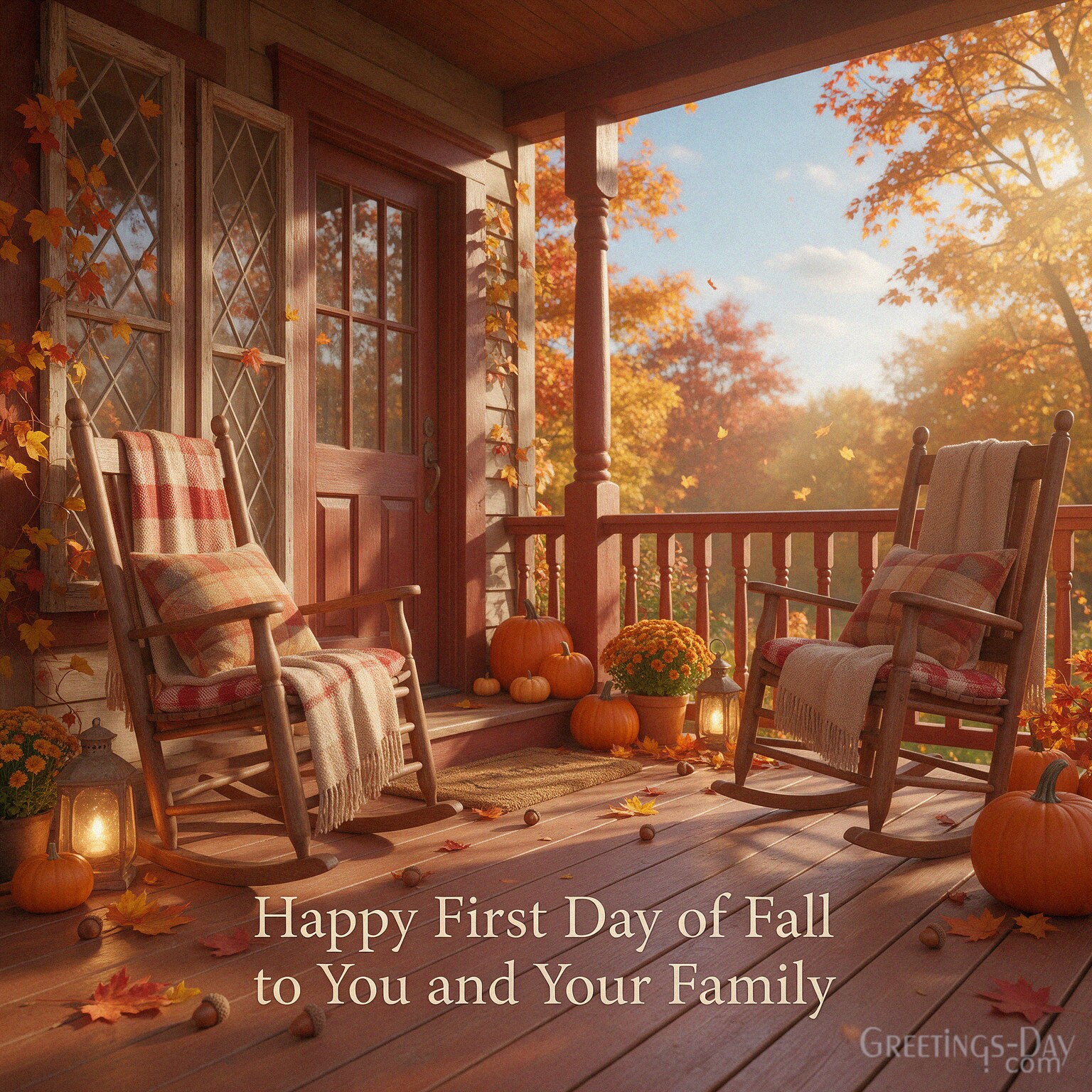 Happy First Day of Fall family greeting with cozy autumn porch featuring “Happy First Day of Fall to You and Your Family” with the text "Happy First Day of Fall to You and Your Fam