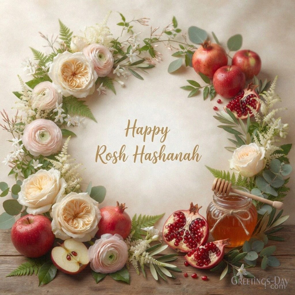 Floral Happy Rosh Hashanah card with cream flowers