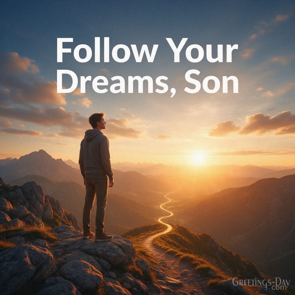 Inspirational National Sons Day image of a young man on a mountain with the message Follow Your Dreams