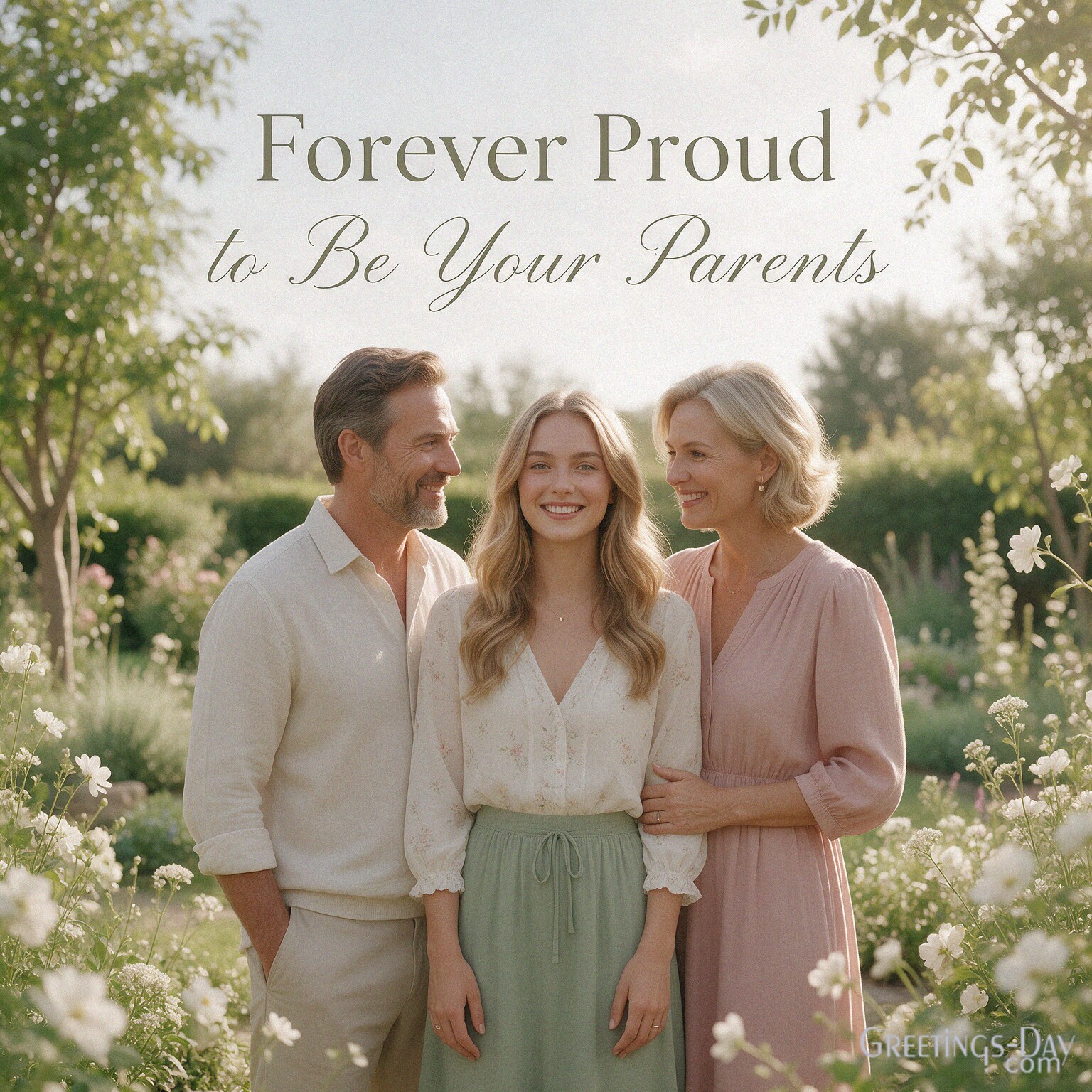 Proud parents’ National Daughters Day quote “Forever Proud to Be Your Parents” on an elegant family image. with the text "Forever Proud to Be Your Parents"