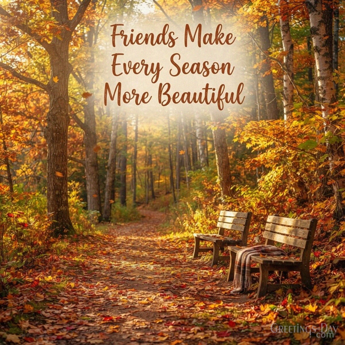 Friendship fall greeting card with an autumn woodland path and the message “Friends Make Every Season More Beautiful” with the text "Friends Make Every Season More Beautiful"