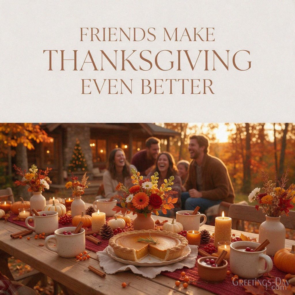 Friendsgiving image with friends gathered around a cozy fall table and the message “Friends Make Thanksgiving Even Better” with the text 