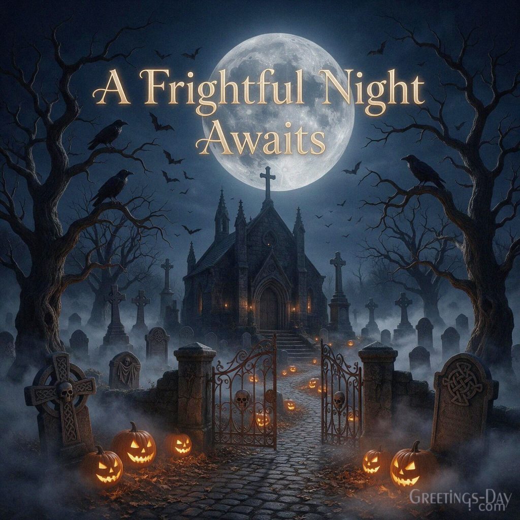 A Frightful Night Awaits spooky Halloween picture with old cemetery