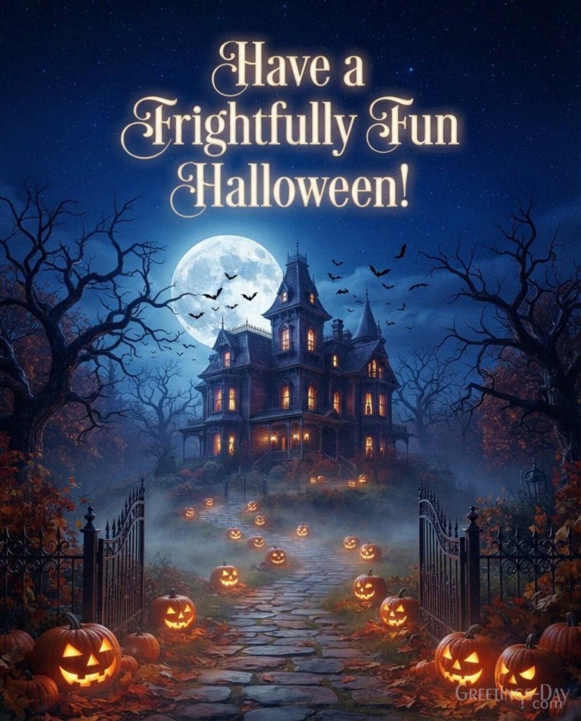 Frightfully fun Halloween greeting card with haunted house
