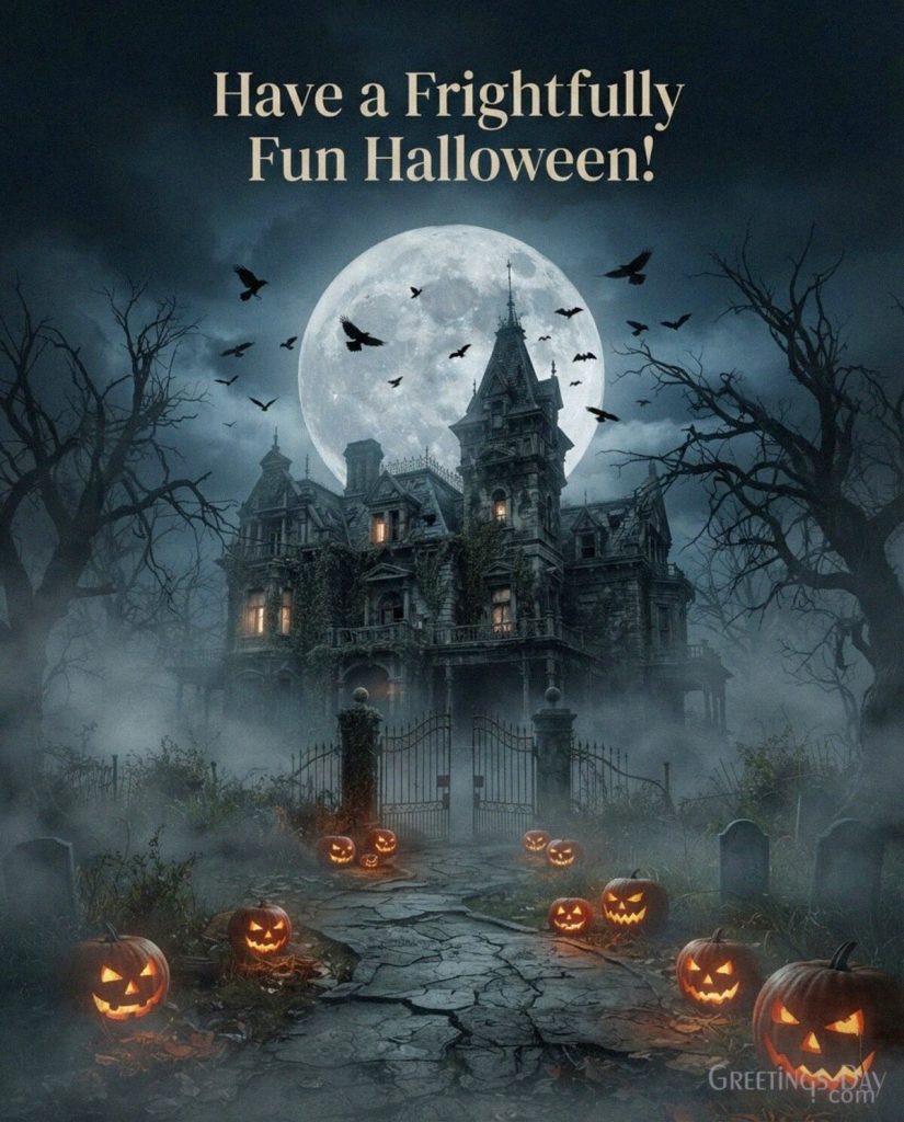 Frightfully Fun Halloween card featuring a creepy haunted house