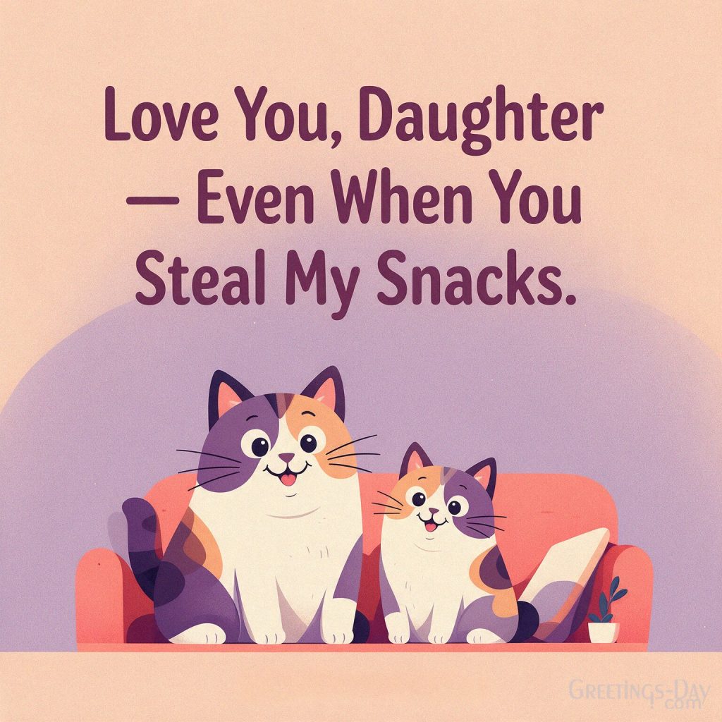 Funny Daughters Day picture of two amused cats on a sofa reading “Love You