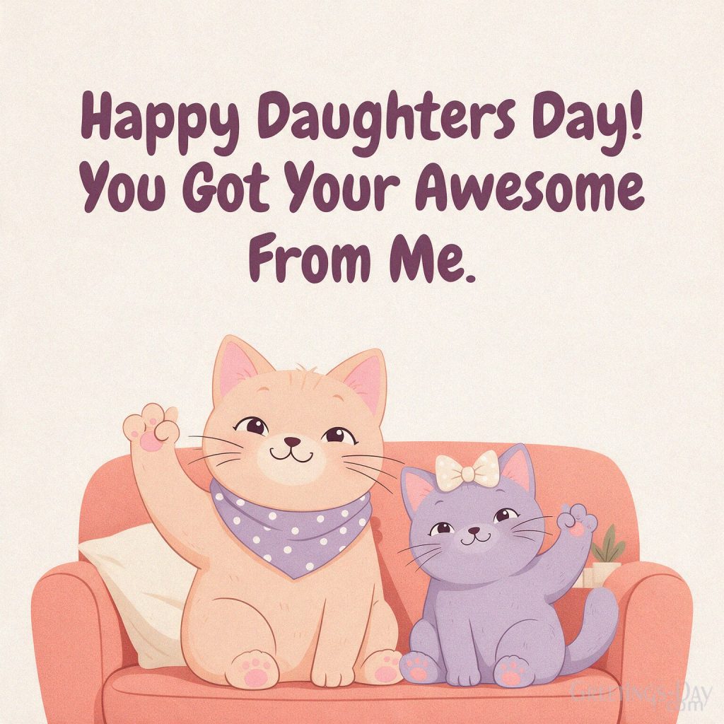 Funny Daughters Day image with two cartoon cats on a coral sofa reading “Happy Daughters Day! You Got Your Awesome From Me.” with the text 