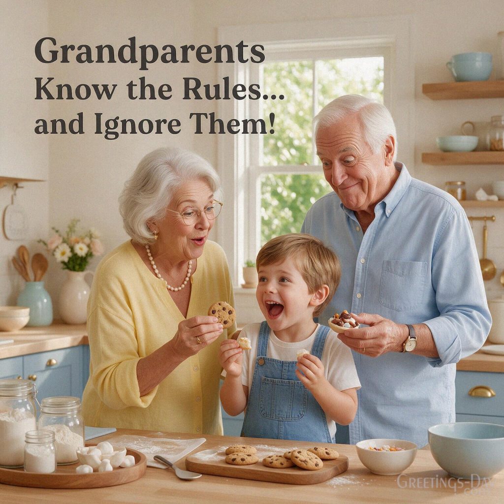Funny Grandparents Day card with mischievous grandparents and the message “Grandparents Know the Rules… and Ignore Them!” with the text 
